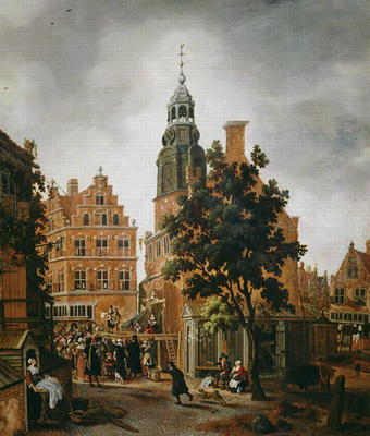 The Munt Tower with a Quack Praising his Merchandise, Amsterdam (oil on panel) van Sybrandt van Beest