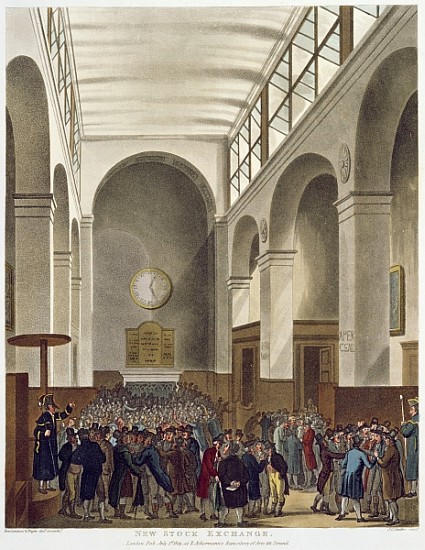 The New Stock Exchange, Bartholomew Lane, from Ackermann''s ''Microcosm of London'', published 1809 van T.(1756-1827) Rowlandson