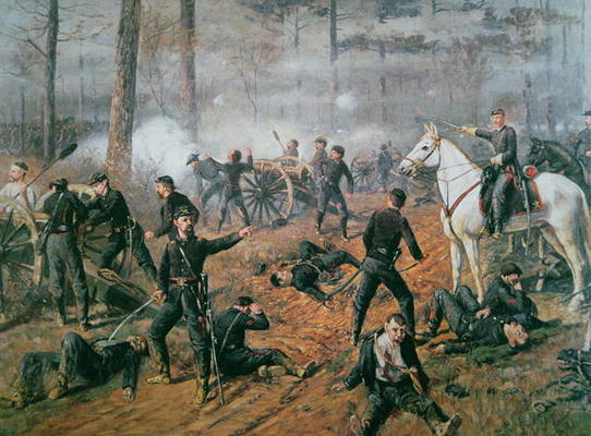 Captain Hickenlooper's battery in the Hornet's Nest at the Battle of Shiloh, April 1862 (colour lith van T. C. Lindsay