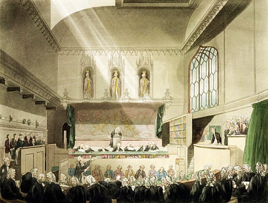 Court of King''s Bench, Westminster Hall, from ''The Microcosm of London''; engraved by J. Black (fl van T. Rowlandson
