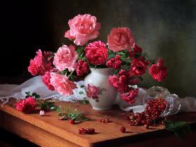 Still life with roses and berries