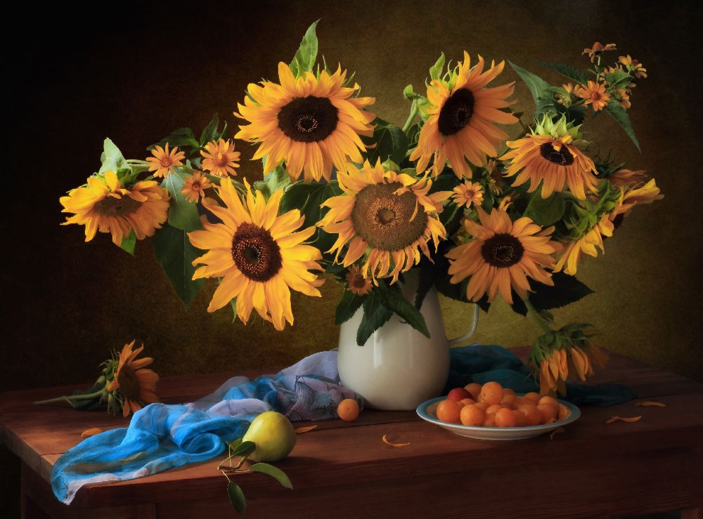 Still life with sunflowers and yellow plums van Tatyana Skorokhod (Татьяна