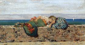 Peasant girl lying on a parapet
