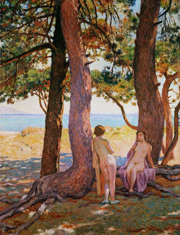 Twee vrouwelijke naakten onder de pijnbomen  - Theo van Rysselberghe van Theo van Rysselberghe