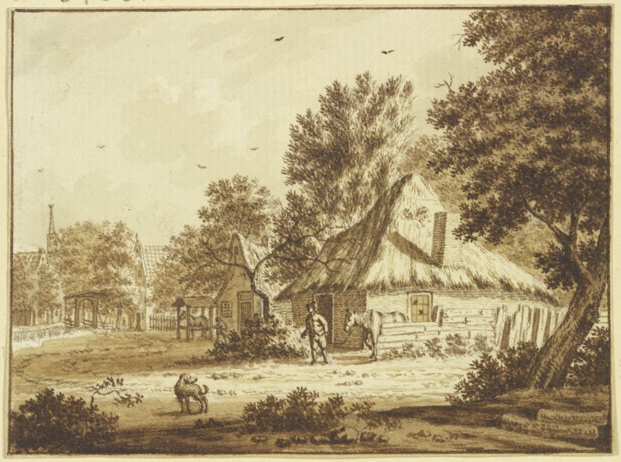 Bauerndorf, ein Mann führt ein Pferd aus seinem Hof, vorne ein Hund van Theodor de Bruyn