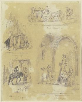 Studienblatt: eine Staatskarosse, Sänftenträger, ein Ritter mit seinem Gefangenen, Kirchgänger