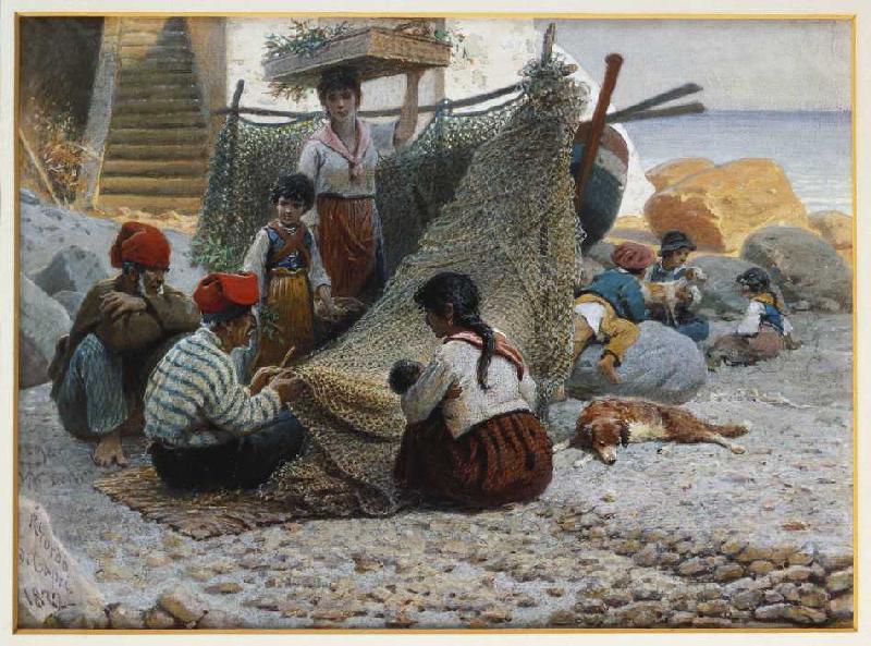 Fischer beim Ausbessern der Netze auf Capri van Theodor Leopold Weller