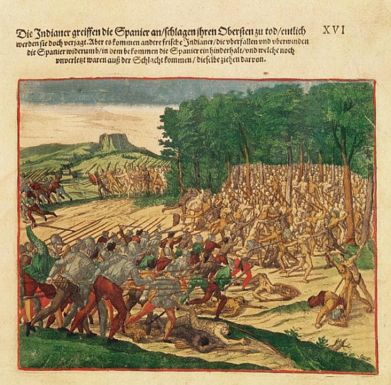 Battle between the Indians and the Spanish in which the Spanish colonel was beaten to death van Theodore de Bry