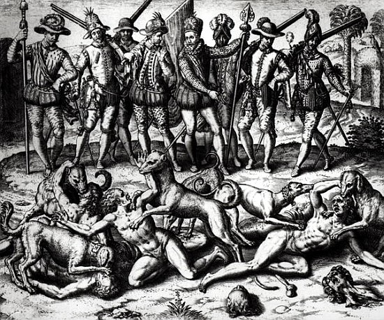 The dogs of Vasco Nunez de Balboa (1475-1571) attacking the Indians van Theodore de Bry