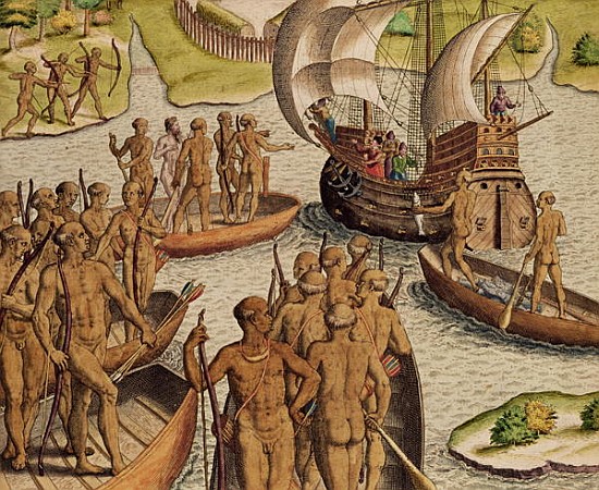 ''The Lusitanians send a second Boat towards me'', from ''Americae Tertia Pars...'' van Theodore de Bry