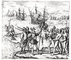 Christopher Columbus (1451-1506) receiving gifts from the cacique, Guacanagari, in Hispaniola (Haiti