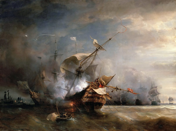 The naval Battle near Lizard Point, Cornwall on 21 October 1707 van Théodore Gudin