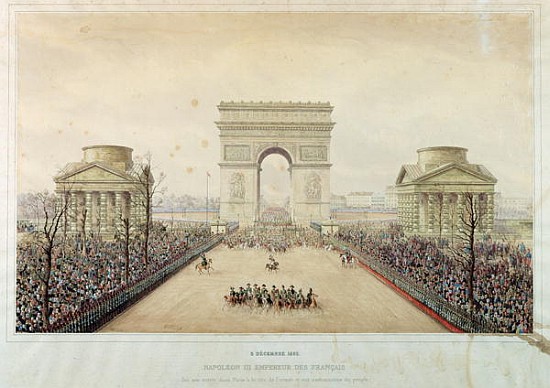 Entry of Napoleon III into Paris, through the Arc de Triomphe, on 2nd December 1852 (w/c and engravi van Theodore Jung