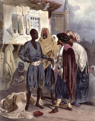 The Slave Market at Ak-Hissar, Turkey, c.1830-35 (colour litho) van Theodore Leblanc