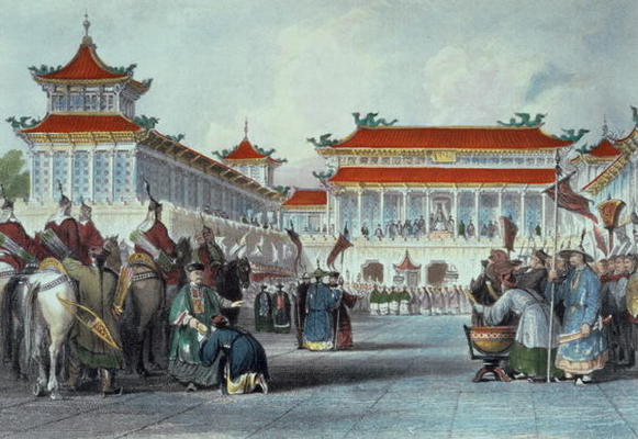 The Emperor Teaon-Kwang Reviewing his Guards, Palace of Peking, from 'China in a Series of Views' by van Thomas Allom
