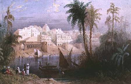 A View of an Indian city beside a river, with boats on the river and figures in the foreground van Thomas Allom