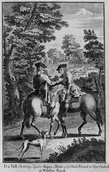 Claude Duval robbing Squire Roper, Master of the Buckhounds to King Charles II, in Windsor Forest van Thomas Bowles