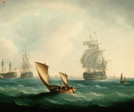 British Men-o'-war and a Hulk in a Swell, a Sailing Boat in the Foreground van Thomas Buttersworth