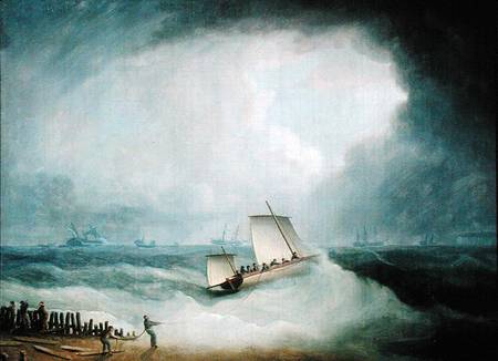 A Deal Lugger Going off to a Storm-bound Ship in the Downs, South Foreland van Thomas Buttersworth