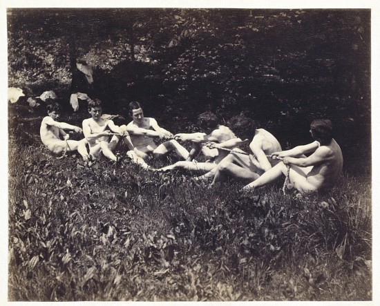 Males nudes in a seated tug-of-war van Thomas Eakins