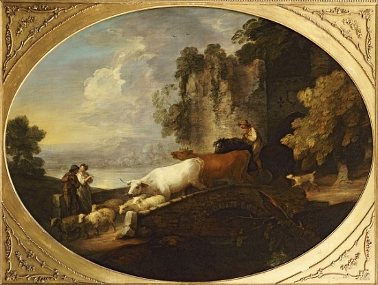 A River Landscape with Rustic Lovers, a Mounted Herdsman Driving Cattle and Sheep over a Bridge with van Thomas Gainsborough