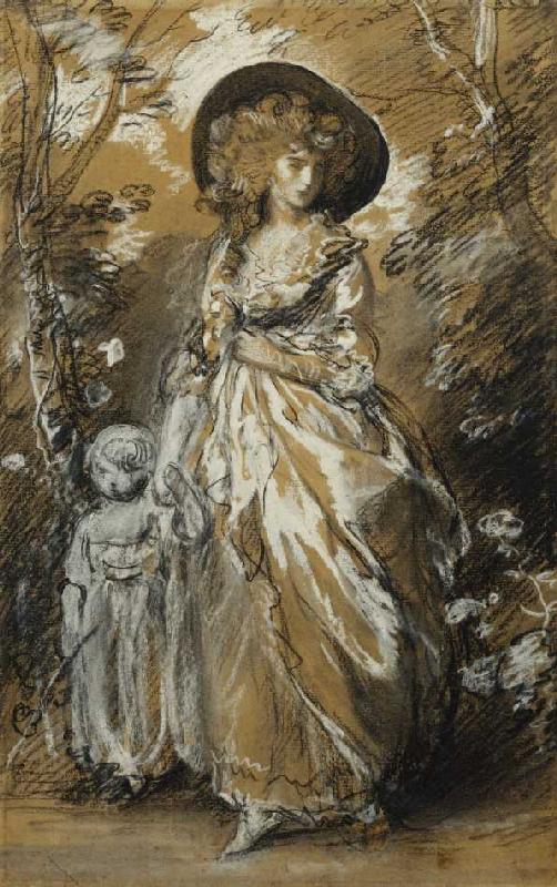 Eine Dame im Garten mit ihrem Kind an der Hand (möglicherweise eine Studie für The Richmond Water-Wa van Thomas Gainsborough