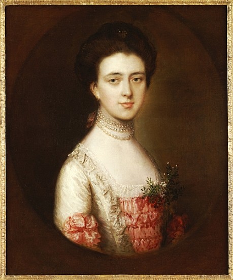Portrait of a lady, bust length, in a pink and white dress trimmed with lace and a pearl necklace van Thomas Gainsborough