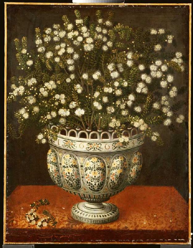 Myrtenstrauß in einer Majolika-Vase van Thomas Hiepes