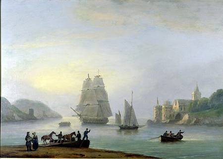 A Brig Entering Dartmouth Harbour, with a Ferry in the Foreground van Thomas Luny