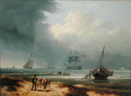 Shipping in a Windswept Bay with Men Working on the Shore van Thomas Luny