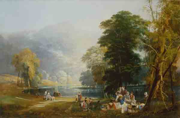 Picknick im Gebirge, am Ufer eines Sees. van Thomas Miles Richardson d.Ä.