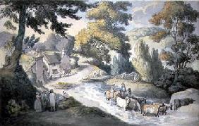 Landscape with Cattle Fording a Stream (w/c, pen &
