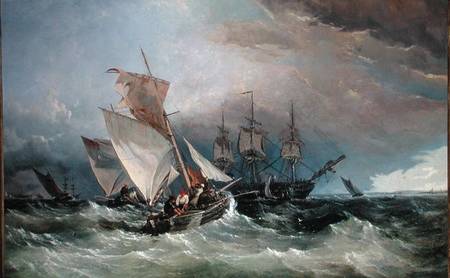 Shrimp Cutters off the Nore, Sheerness in the Distance van Thomas Sewell Robins