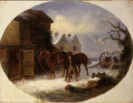 Boy leading horses to a barn in the snow van Thomas Smythe