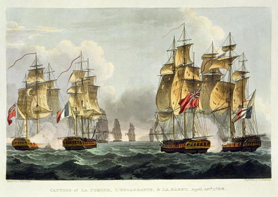 Capture of La Pomone, L'Engageante and La Babet, April 23rd 1794, engraved by Thomas Sutherland for van Thomas Whitcombe
