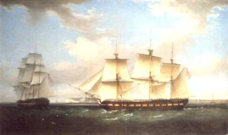 The Indiaman in two positions off Walmer Castle, Kent van Thomas Whitcombe