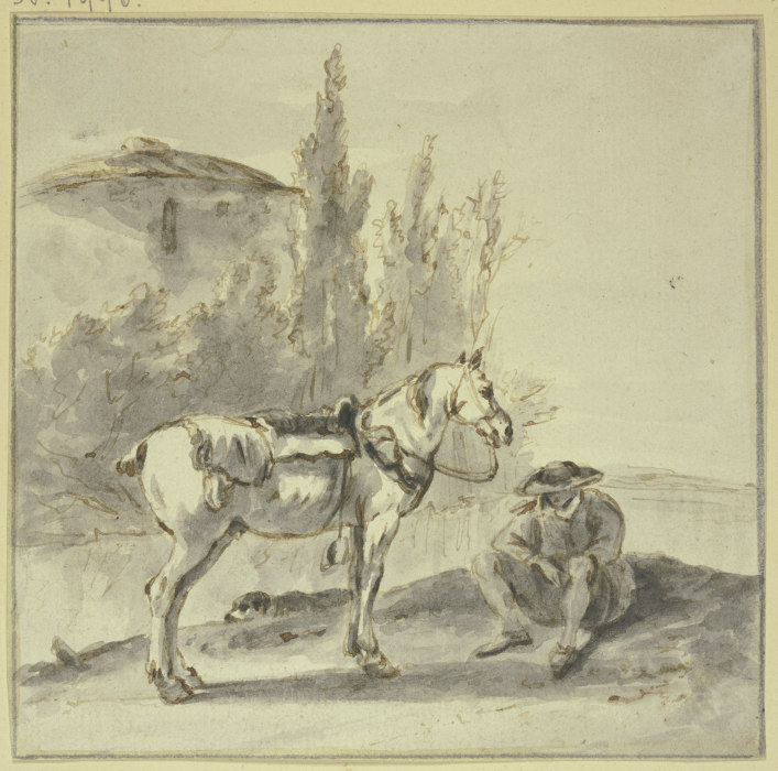 Ein Bauer sitzt bei seinem Pferde van Thomas Wijck