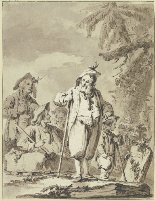 Ein alter Bauer mit drei Begleitern und einem Knaben bei einem Gedenkstein van Tiberius Dominikus Wocher
