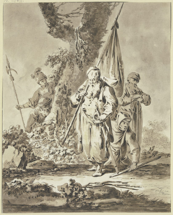 Ein alter Mann mit Fahne und Degen sowie zwei weitere Figuren, allesamt den Blick zu Boden gesenkt,  van Tiberius Dominikus Wocher