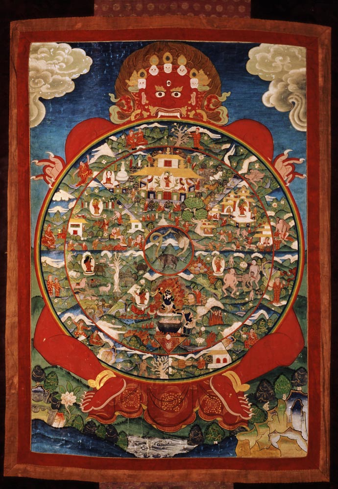 Thangka, depicting Wheel of Life turned by red Yama (Lord of Death) van Tibetan