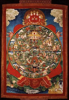 Thangka, depicting Wheel of Life turned by red Yama (Lord of Death)