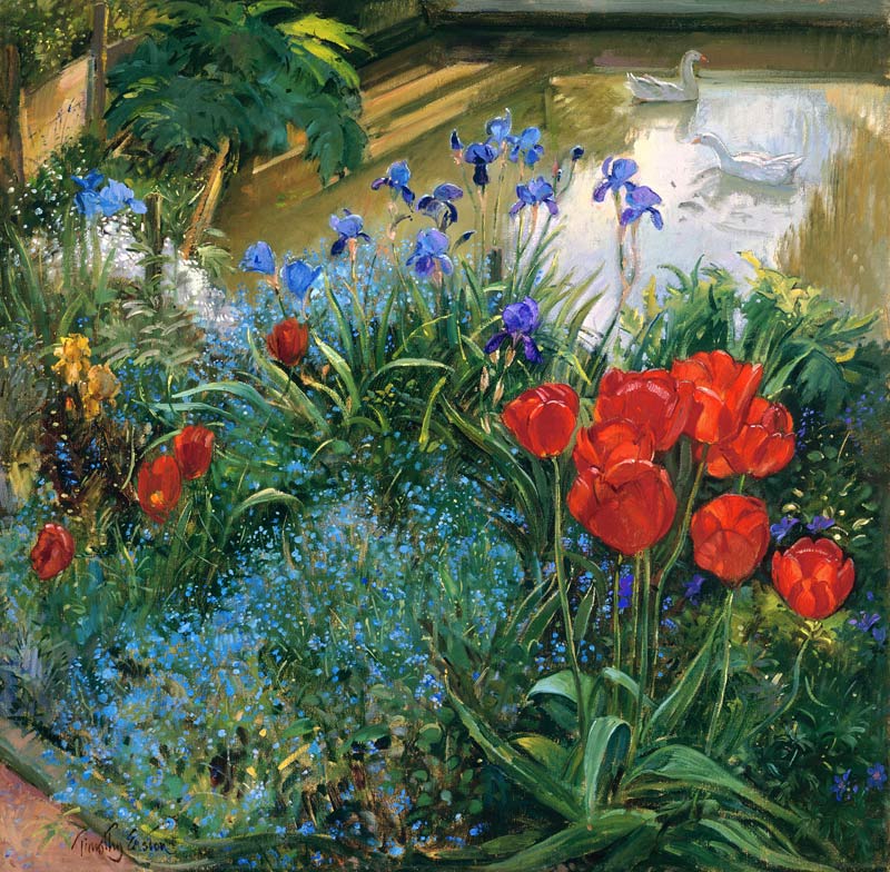 Red Tulips and Geese (oil on canvas)  van Timothy  Easton