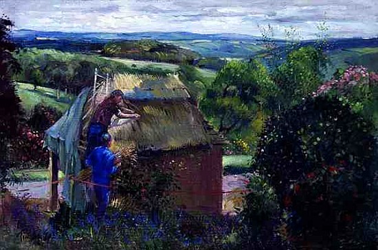 Thatching the Summer House, Lanhydrock House, Cornwall, 1993 (oil on canvas)  van Timothy  Easton