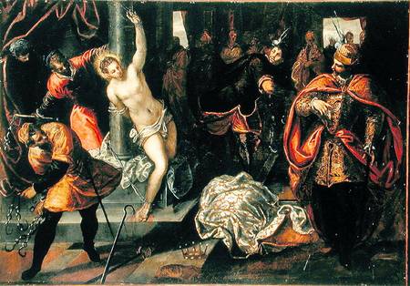 Saint Catherine of Alexandria being whipped in the presence of Emperor Maxentius van Tintoretto (eigentl. Jacopo Robusti)