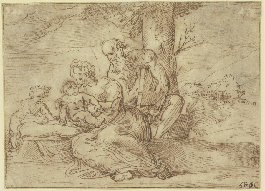 Die Heilige Familie mit dem Johannesknaben unter einem Baum van Tizian