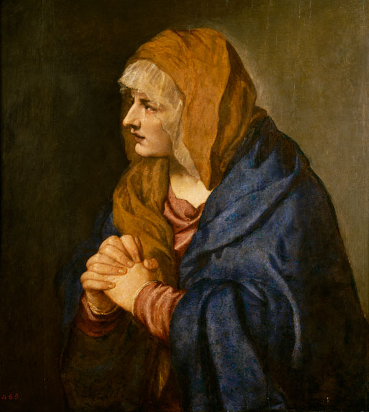 Mater Dolorosa mit gefalteten Händen van Tizian (eigentl. Tiziano Vercellio)