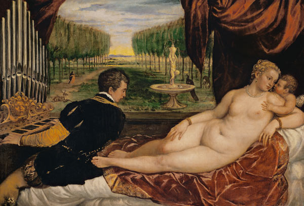 Venus mit dem Orgelspieler und einem Putto. van Tizian (eigentl. Tiziano Vercellio)