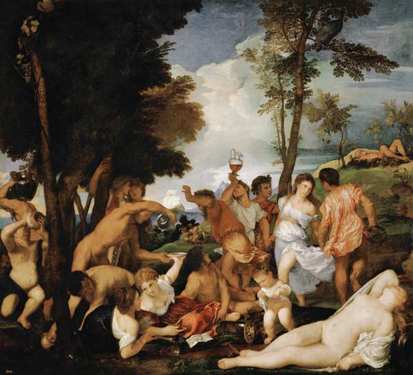 Baccanal oder 'Die Andrier' van Tizian (eigentl. Tiziano Vercellio)