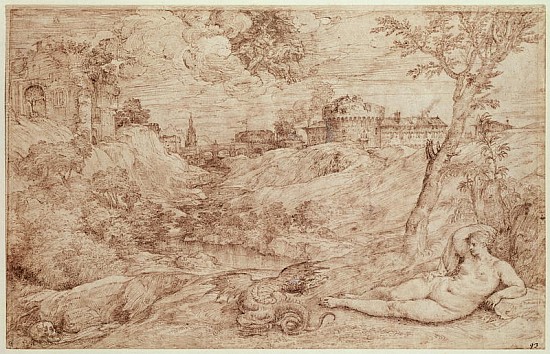 Landscape with a Dragon and a Nude Woman Sleeping (pen & ink and wash on paper) van Tizian (eigentl. Tiziano Vercellio)