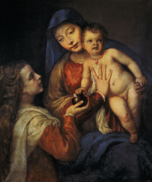 Madonna mit Kind und Maria Magdalena. van Tizian (eigentl. Tiziano Vercellio)